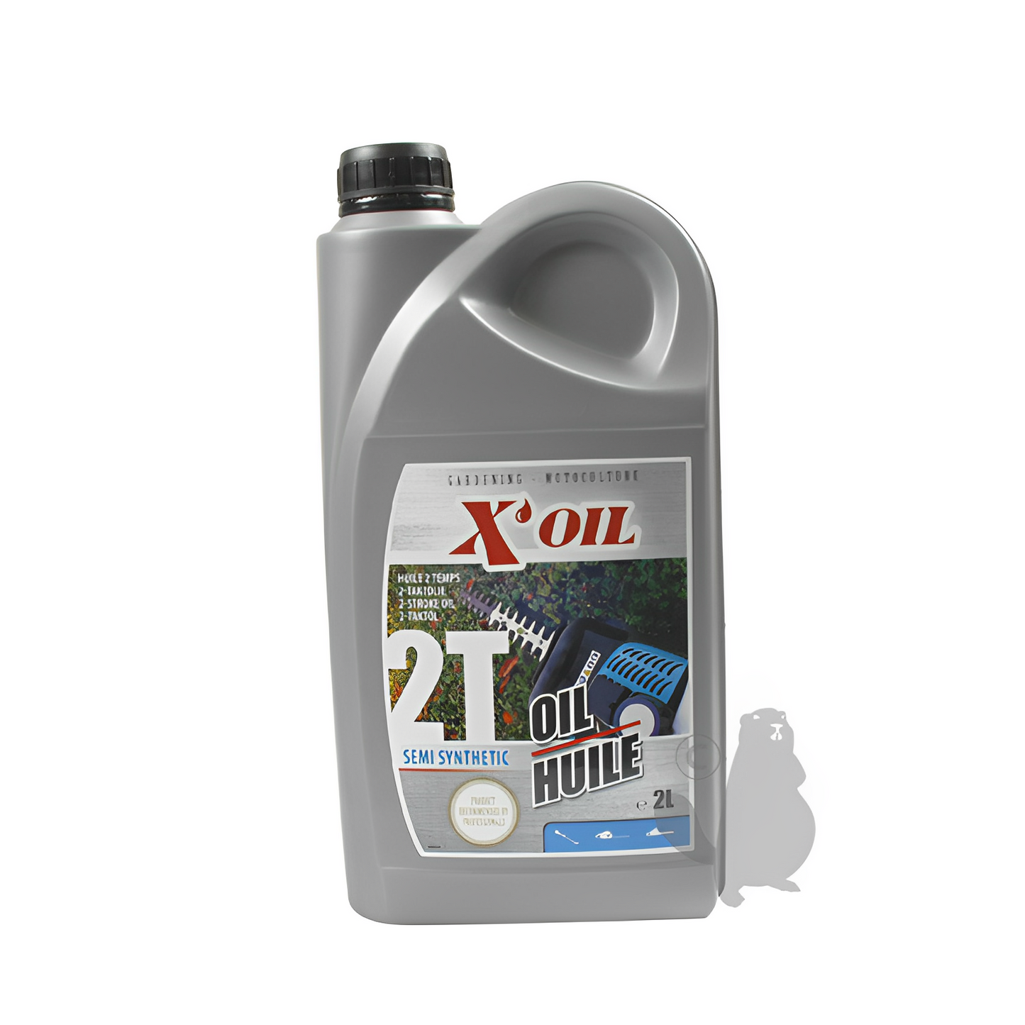Huile 2 temps semi-synthèse X’OIL (API TC), en bidon de 2 litres. Avec bouchon doseur gradué 10/15/20ml pour mélange