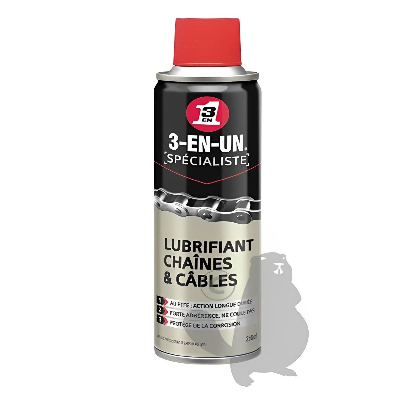 Aérosol 3EN1. Lubrifiant pour chaînes & câbles 250ml. Sa formule au PTFE permet une lubrification haute performance des chaînes, câbles, dérailleurs, etc.