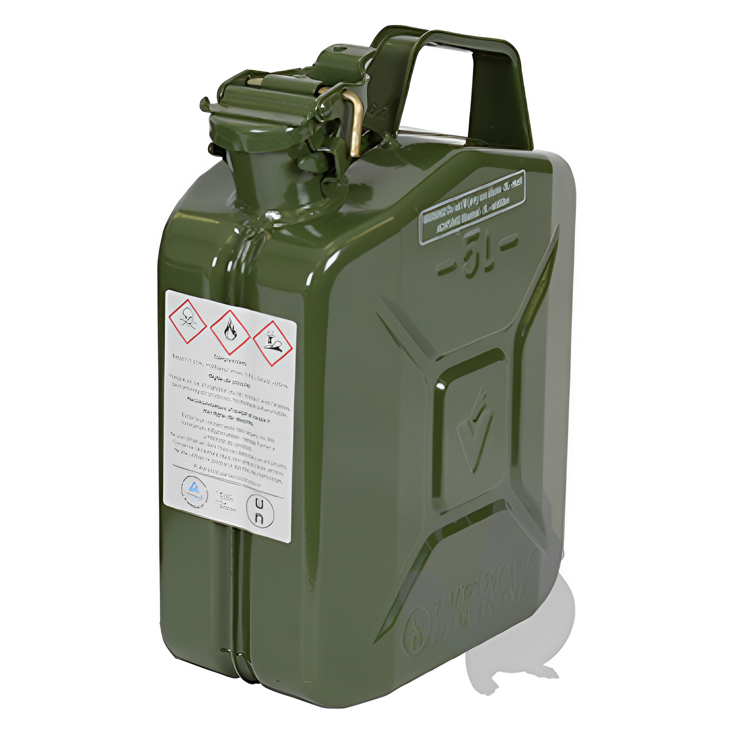 Jerrican métallique 5 litres. Peinture extérieure à la poudre couleur vert armée. Traitement intérieur antirouille et résistant à tout carburant
