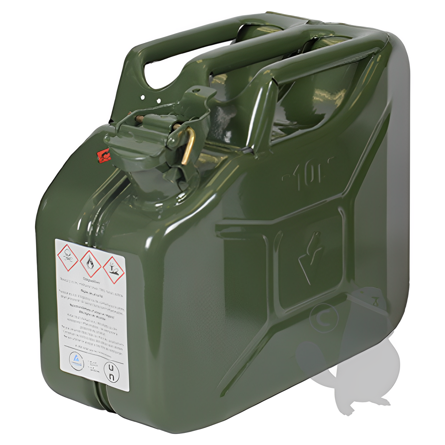 Jerrican métallique 10 litres. Peinture extérieure à la poudre couleur vert armée. Traitement intérieur antirouille et résistant à tout carburant