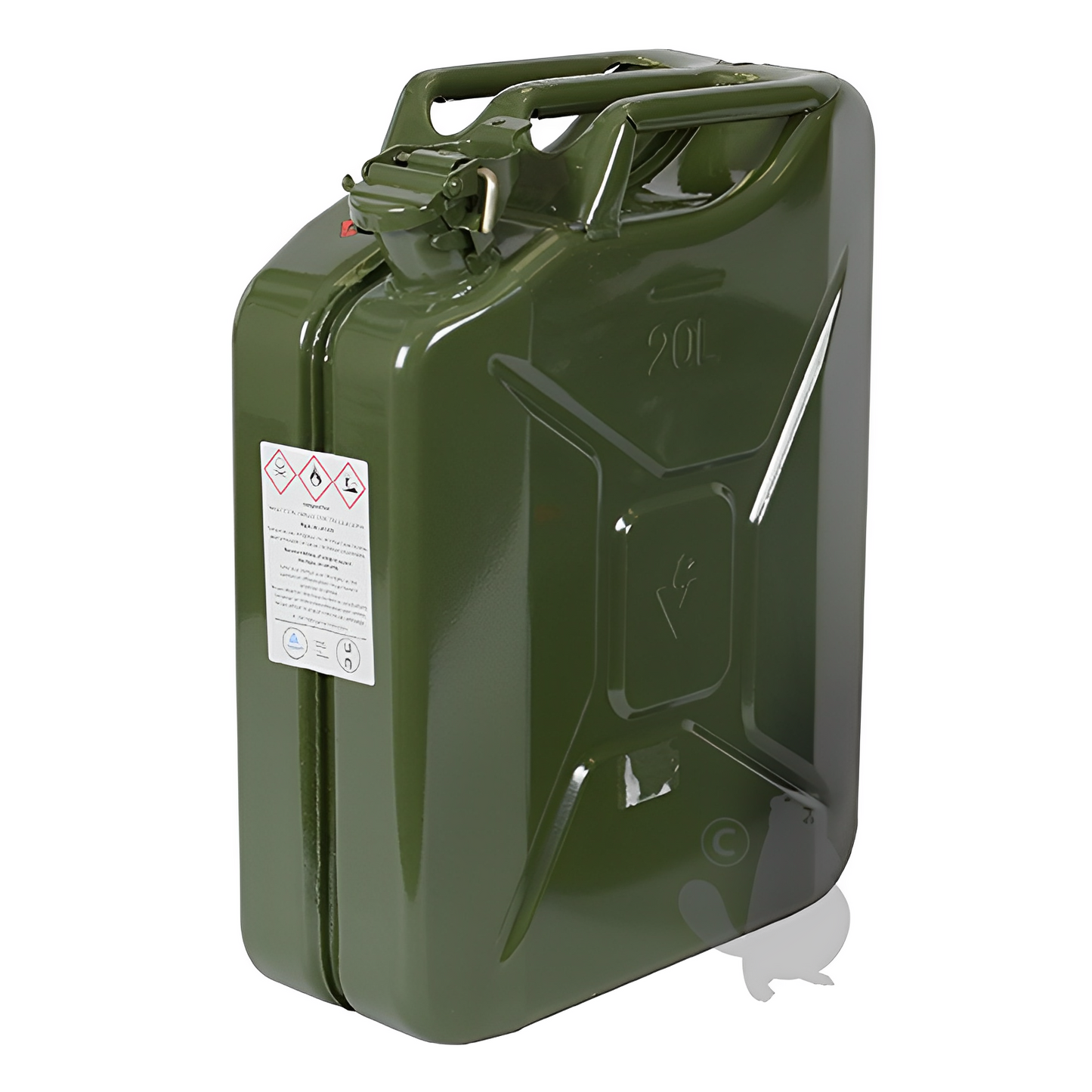 Jerrican métallique 20 litres. Peinture extérieure à la poudre couleur vert armée. Traitement intérieur antirouille et résistant à tout carburant