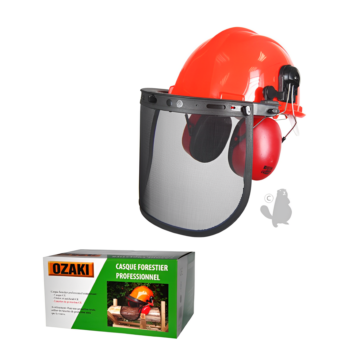 Casque forestier complet comprenant un casque (EN397), un anti-bruit 26 dB (EN352-3), une visière grillagée (EN1731 F) et une paire de lunettes de sécurité