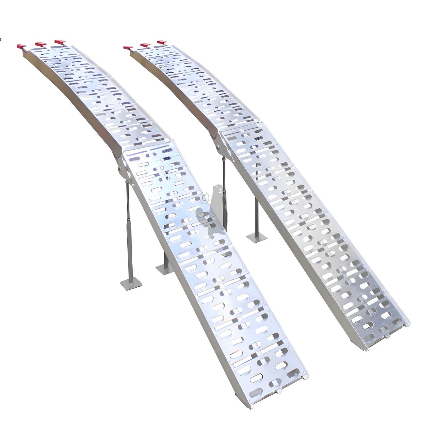 Jeu de 2 rampes courbées pliables en alu L : 226 cm, l : 30 cm, longueur pliée : 116 cm, livrée avec 4 pieds réglables et sangles de sécurité, d’une capacité de 1360 kg/paire