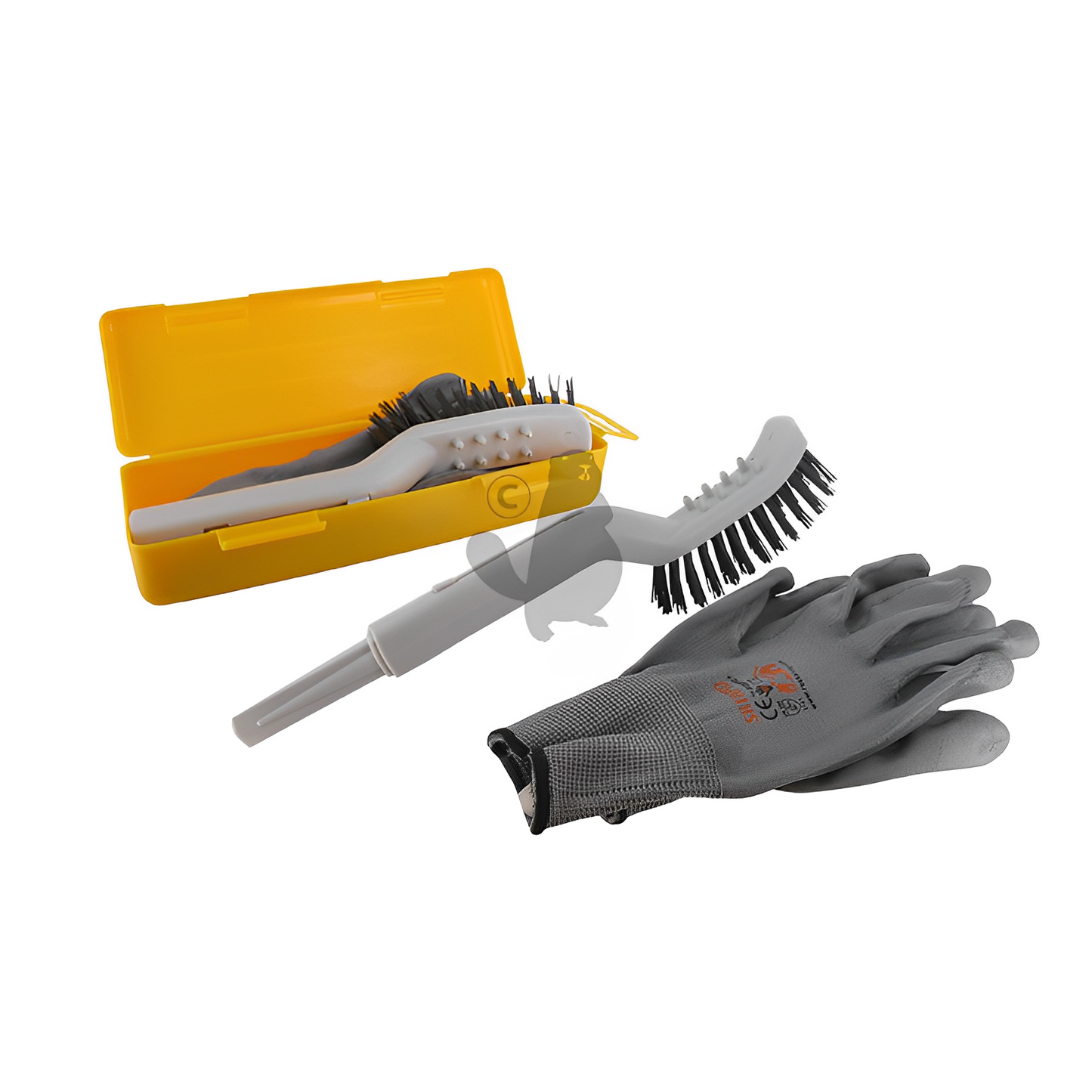 Outil de nettoyage pour robot de tonte avec raclette, brosse dure et brosse souple et picots de nettoyage des roues. Livré en malette et incluant une paire de gants.
