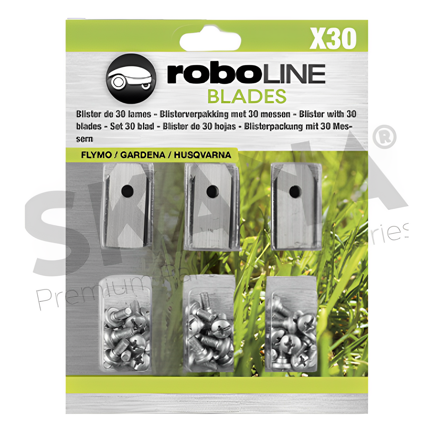 Blister de 30 lames pour robots FLYMO - GARDENA - HUSQVARNA modèles 1200R, R38LI, R40LI, R45LI, R50LI, R70LI, R80Li, R160, Sileno, Sileno+, 210CC, 220AC, 230ACX, 260ACX, Automower 105/305/308/310/315/320/330X/420/430X/450X, Solar Hybrid...