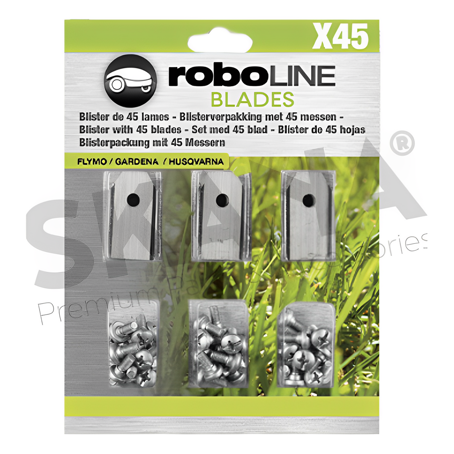 Blister de 45 lames pour robots FLYMO - GARDENA - HUSQVARNA modèles 1200R, R38LI, R40LI, R45LI, R50LI, R70LI, R80Li, R160, Sileno, Sileno, 210CC, 220AC, 230ACX, 260ACX, Automower 105/305/308/310/315/320/330X/420/430X/450X, Solar Hybrid...