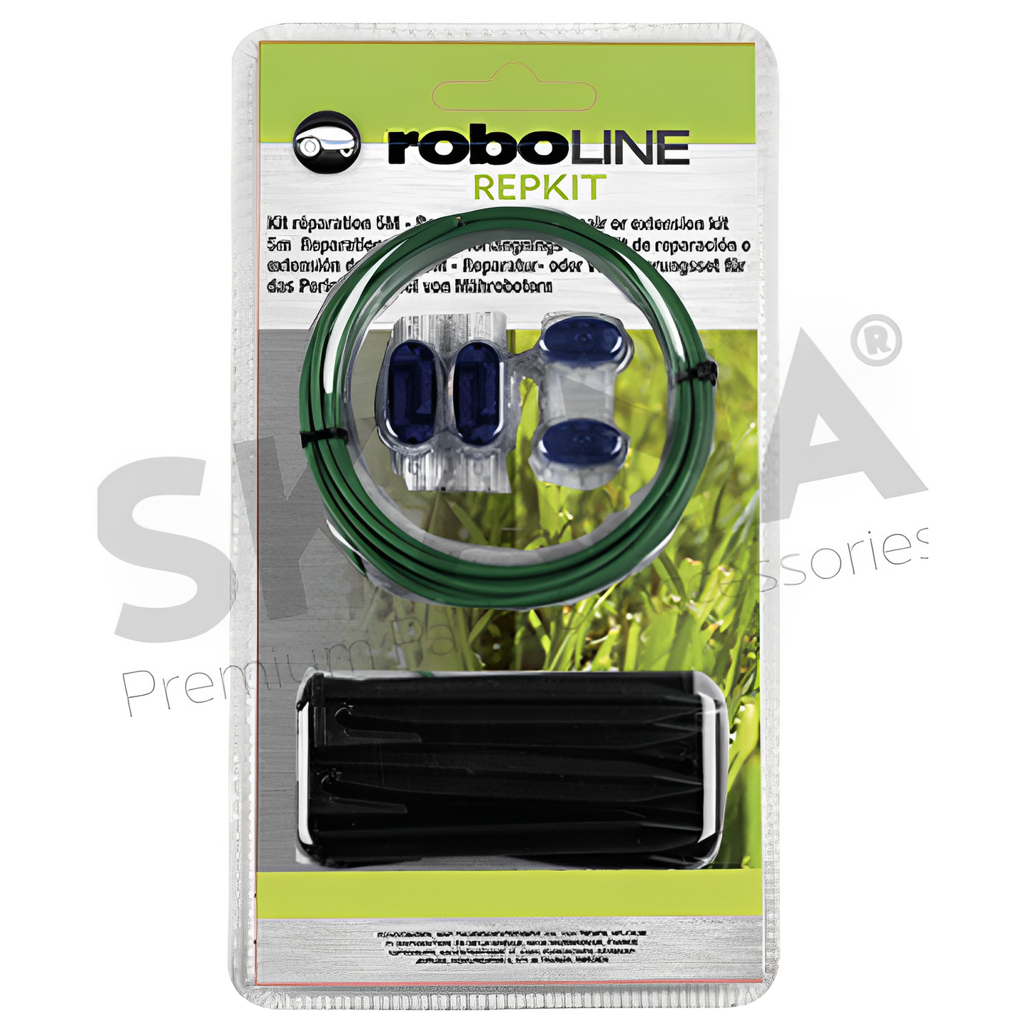 Blister kit de réparation avec câble d'installation robots 1,5 mm² x 5m, 2 connecteurs chargeur, 2 connecteurs isolés et 10 clous de fixation de câble.