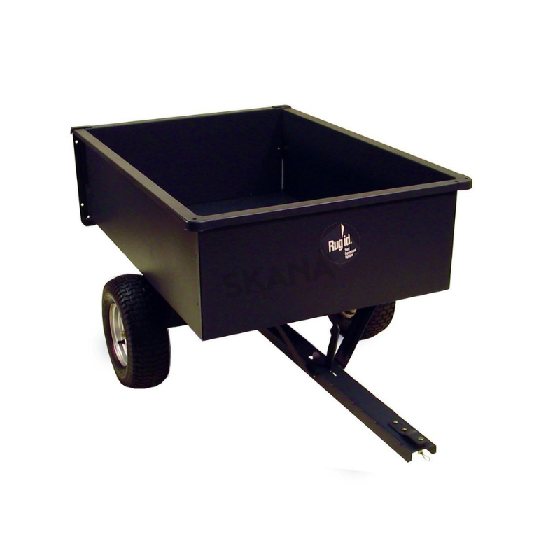 Remorque avec benne basculante en acier d’une capacité de charge maximale de 500kg. Dimensions de la benne : 120 x 85 x 37cm