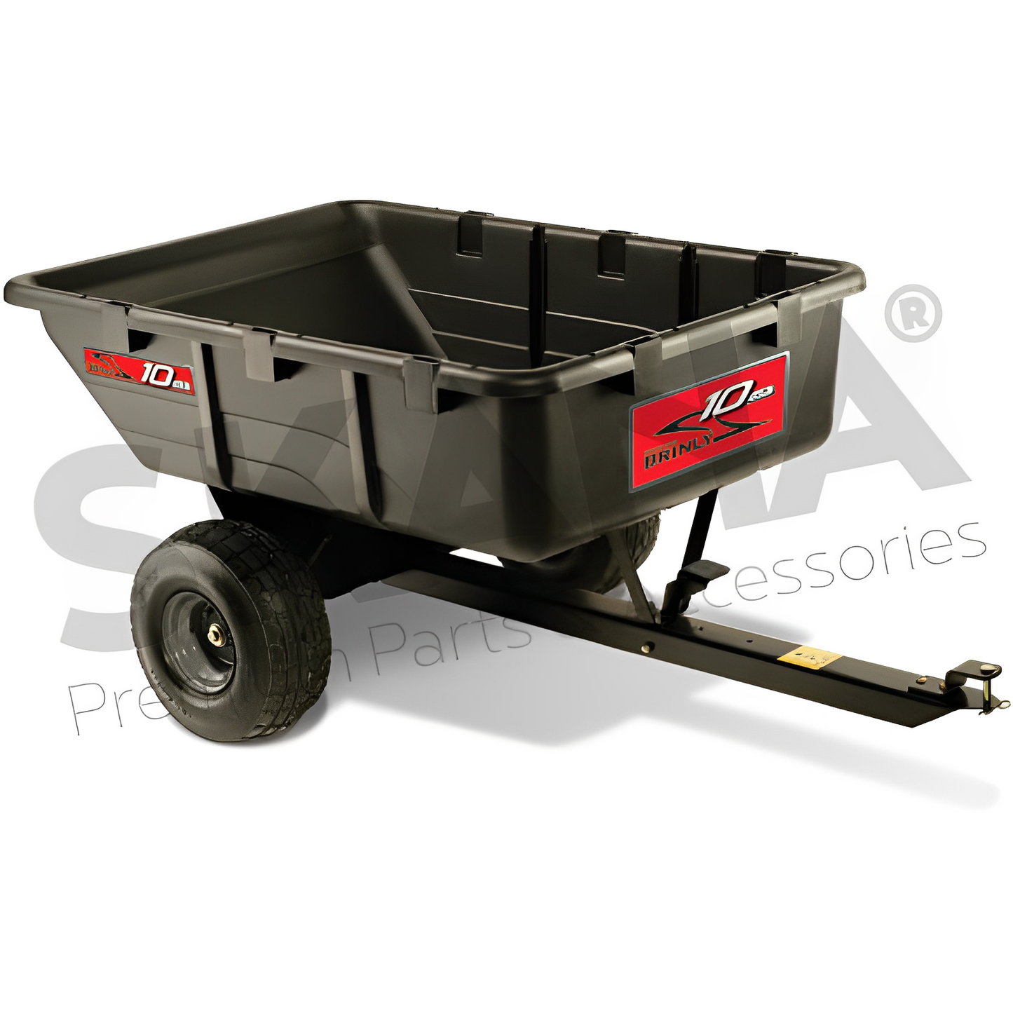 Remorque basculante de capacité 295kg. Roues de 15×6. Benne en polyéthylène. Dimensions benne : 121 x 85 x 30 cm
