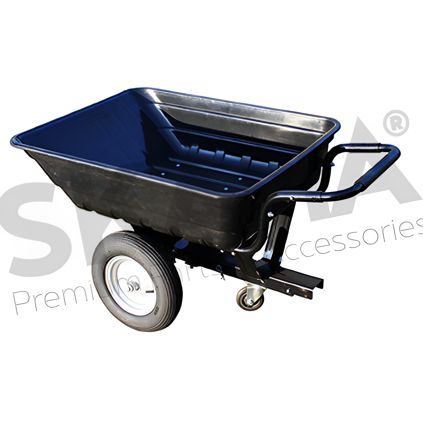 Remorque avec benne basculante en polyéthylène d’une capacité de charge maximale de 200kg convertible aisément en version brouette. Dimensions de la benne 100x75x25cm