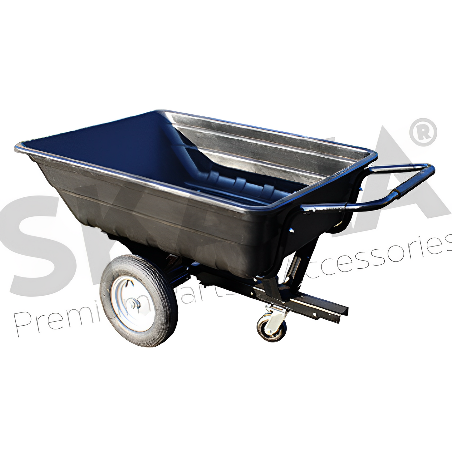 Remorque avec benne basculante en polyéthylène d’une capacité de charge maximale de 300kg convertible aisément en version brouette. Dimensions de la benne 114x80x30cm