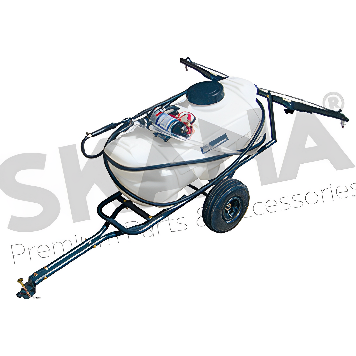 Pulvérisateur à tracter avec rampes de pulvérisation repliables et lance avec tuyau de 3,60 m. Capacité du réservoir 95 L pour une largeur de travail de 210cm