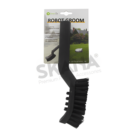 Brosse de nettoyage pour robot de tonte. Brosse dure avec picots de nettoyage des roues et curette retractable.