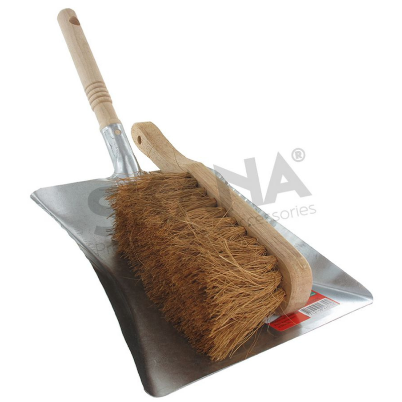 Ensemble de pelle à poussière et brosse en métal avec manche en bois et poils de coco