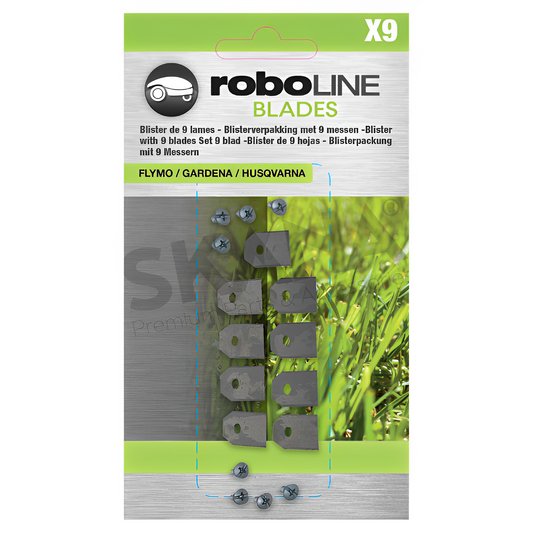 Blister de 9 lames pour robots FLYMO - GARDENA - HUSQVARNA modèles 1200R, R38LI, R40LI, R45LI, R50LI, R70LI, R80Li, R160, Sileno, Sileno+, 210CC, 220AC, 230ACX, 260ACX, Automower 105/305/308/310/315/320/330X/420/430X/450X, Solar Hybrid.