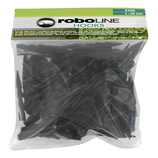 Lot de 100 clous / cavaliers plastiques universels. Pour fixation des câbles périphériques de tondeuses robotisées. Longueur : 105 mm